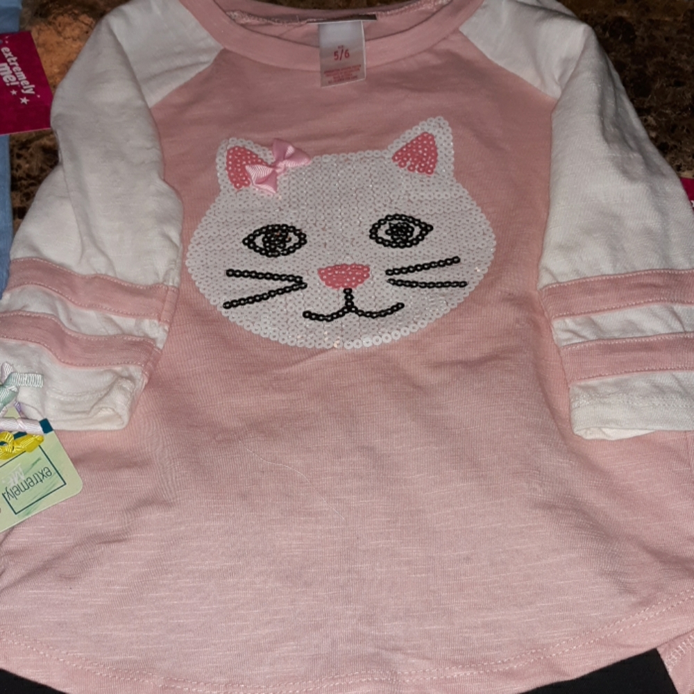 Girls sequined kitty outfit. panda sweatshirt. unicorn w/ pants and tru love tee